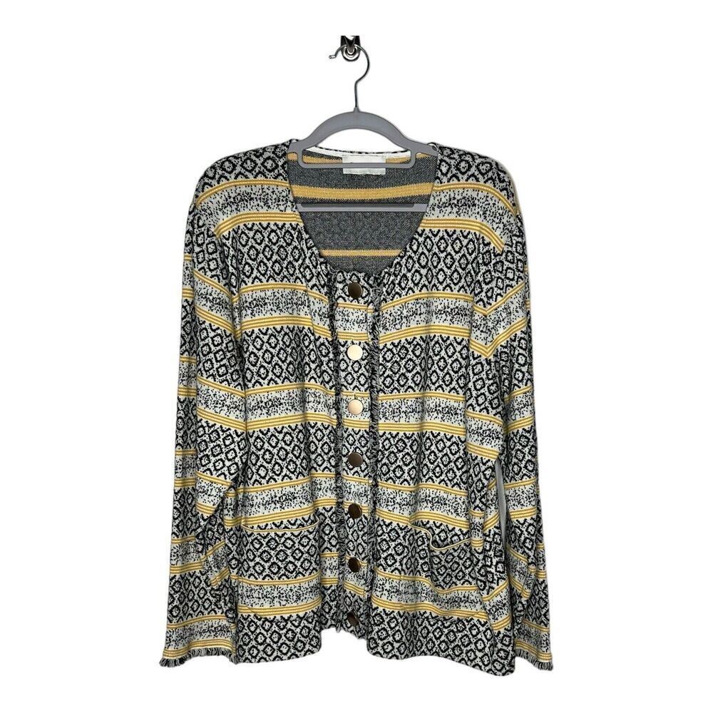 Skies Are Blue Sweater Womens XXL Knit Cardigan Abstract Fringe Art To Wear Boho
